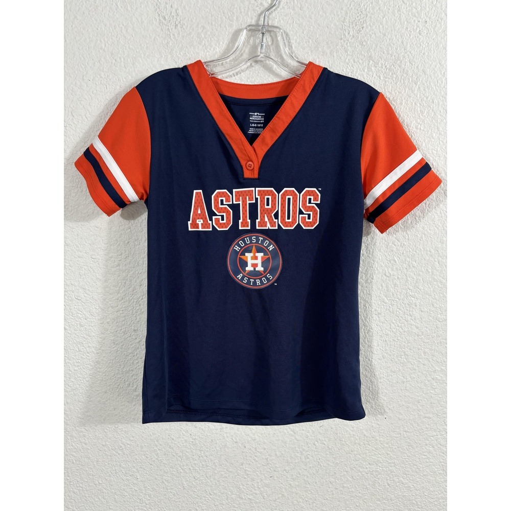 Houston Astros Shirt Youth Large 10/12 Navy Blue Orange MLB Baseball V‎ Neck